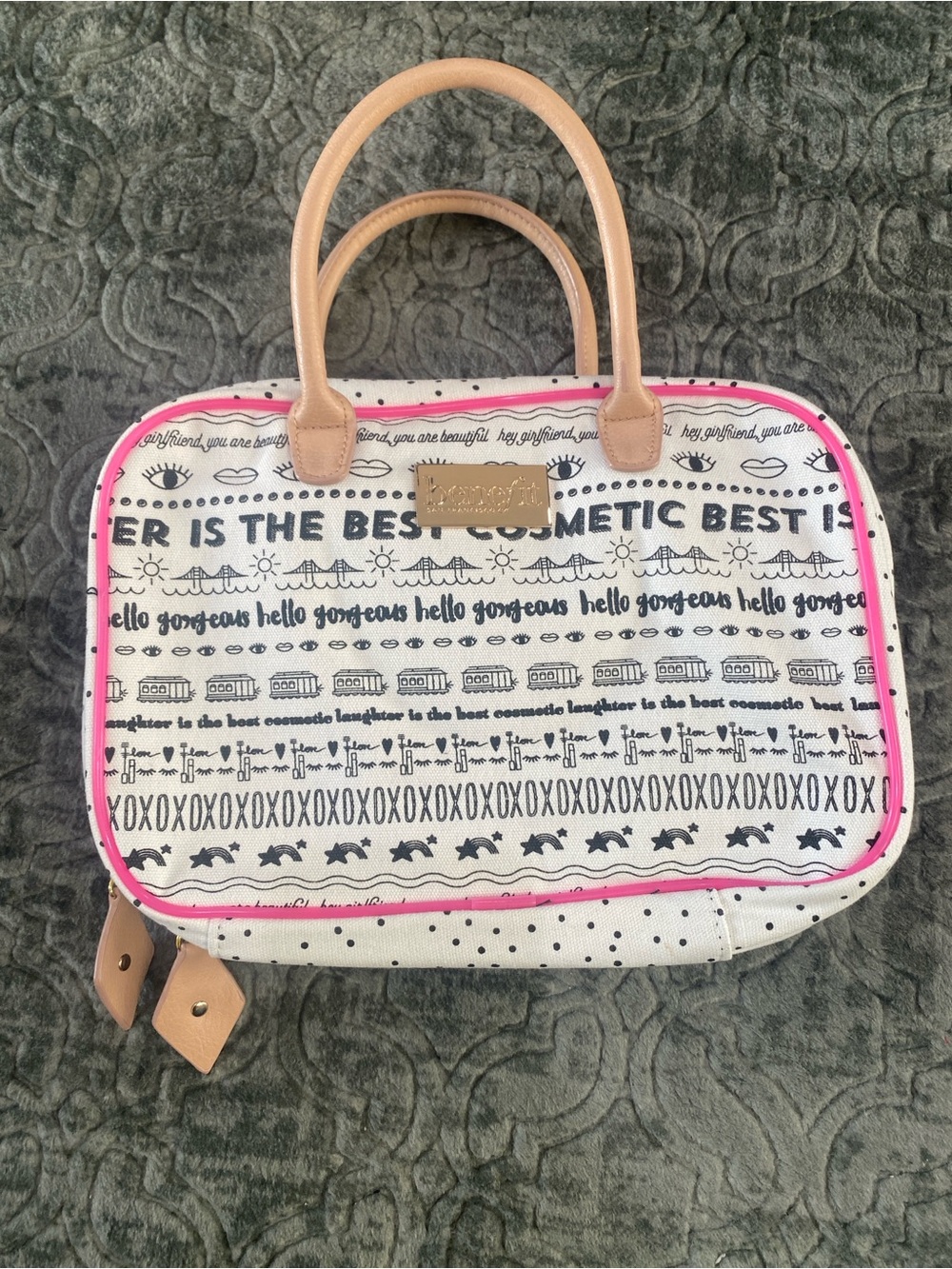 Benefit White Canvas Cosmetic Bag with Pink Trim and Tan Handles